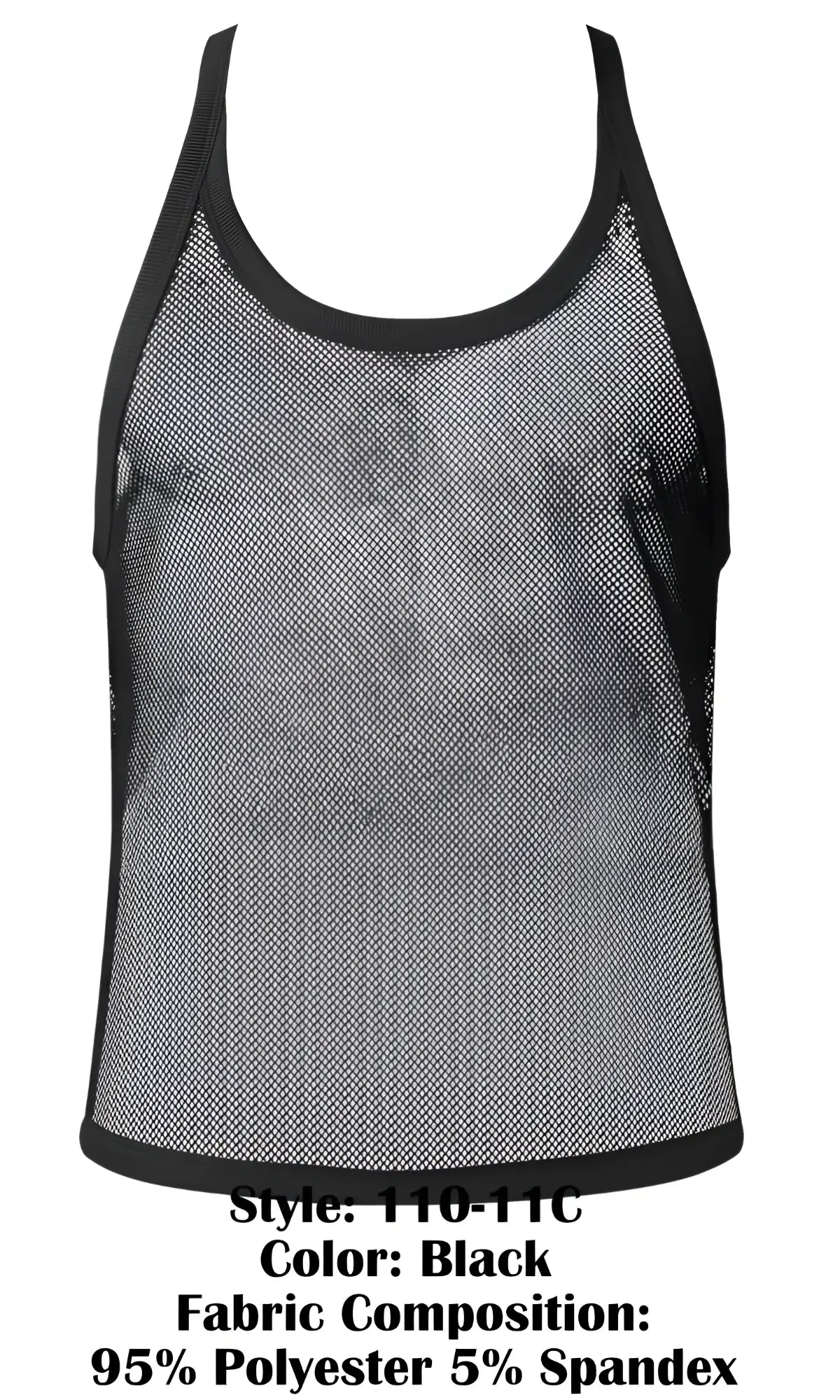 Male power 110-11c black fishnet tank top with black trim and subtle gradient effect in mesh material