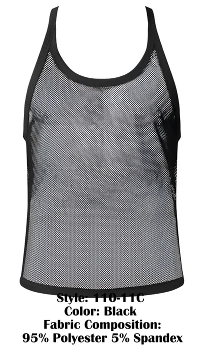 Male power 110-11c black fishnet tank top with black trim and subtle gradient effect in mesh material