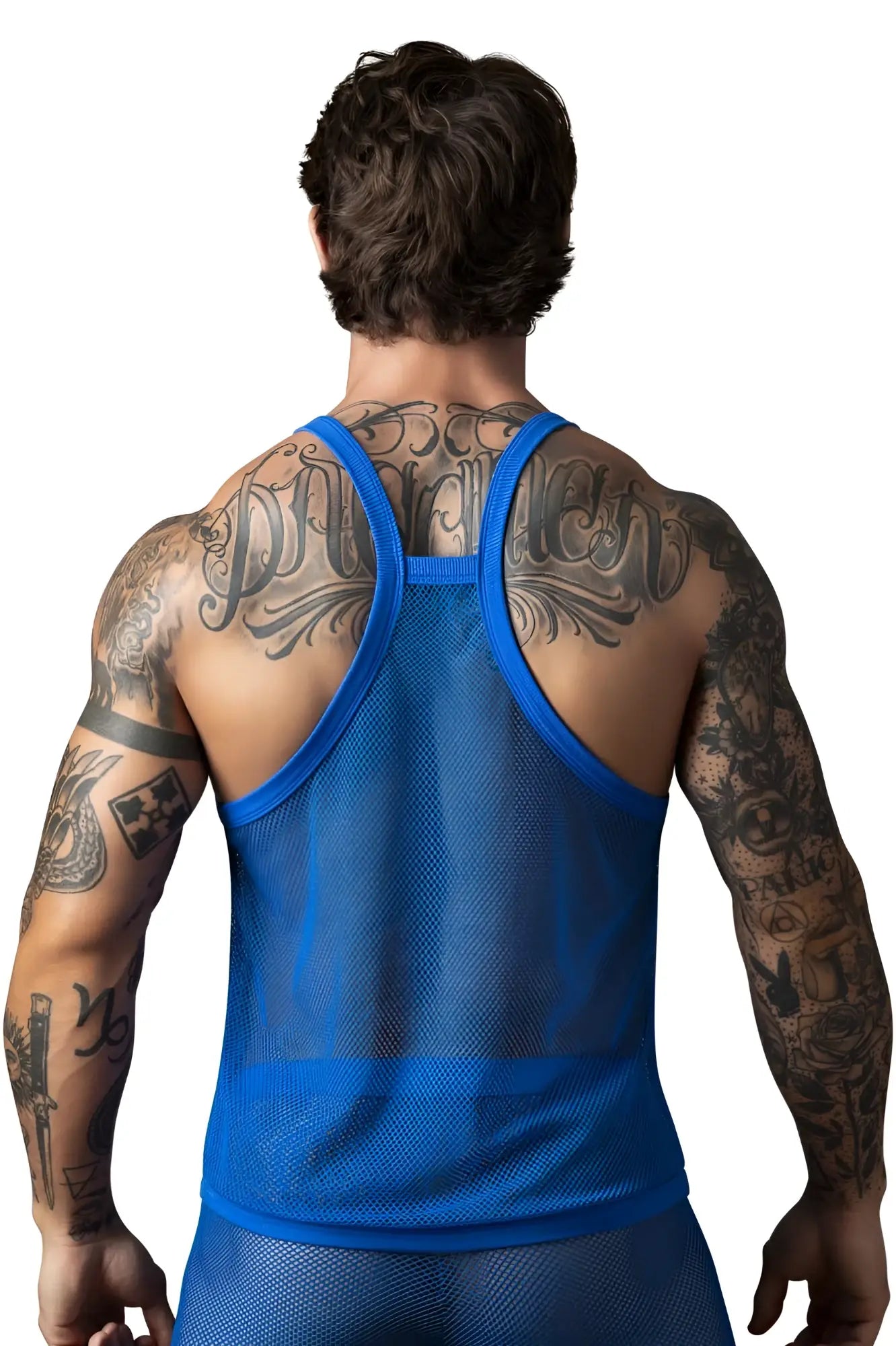 Blue male power fishnet tank top with racerback straps in royal color showing front view