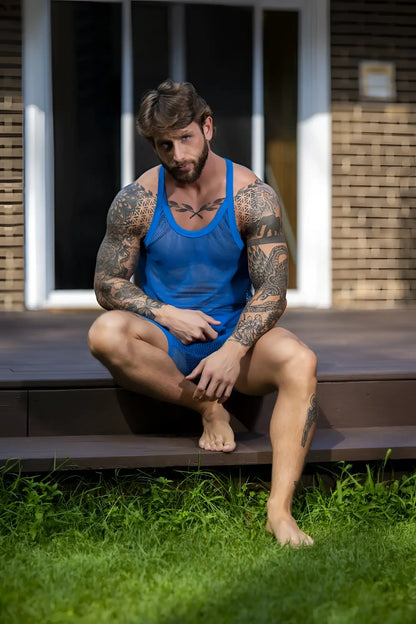 Blue mesh fishnet tank top with matching shorts in royal color by male power model 110-11c showing front view