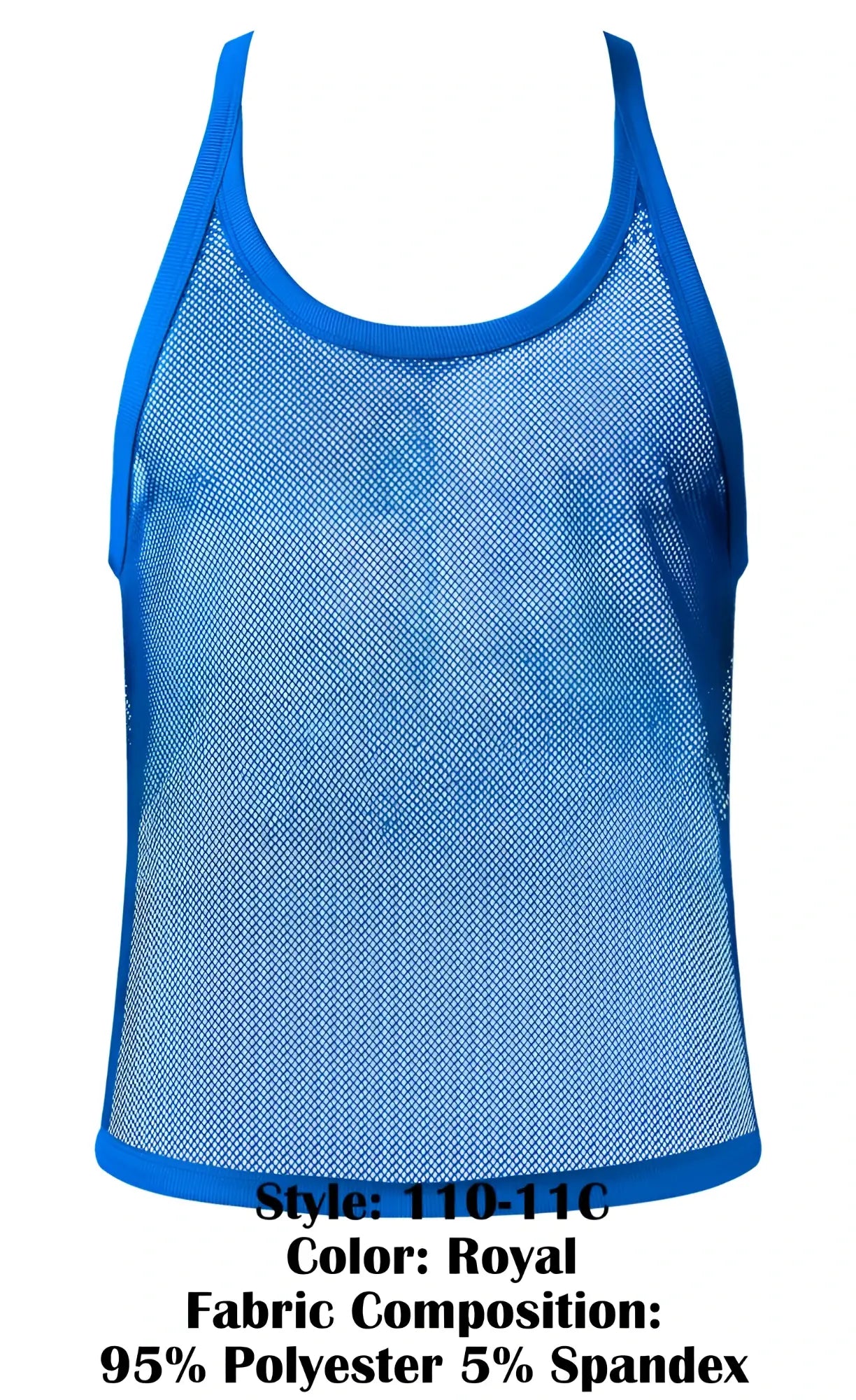 Male power 110-11c fishnet 2 royal blue mesh tank top with solid trim and stretchy form-fitting design