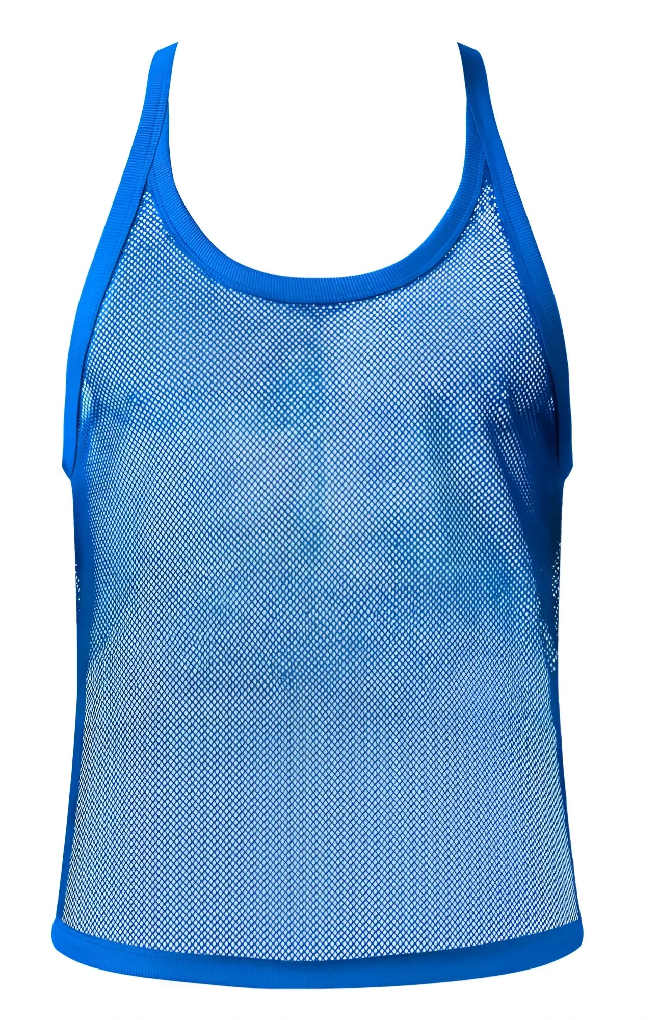 Male power 110-11c fishnet 2 tank top in royal blue mesh with solid blue trim along neckline armholes and hem