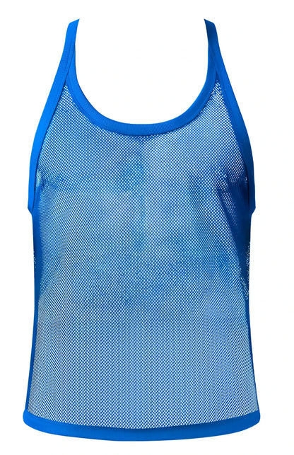 Male power 110-11c fishnet 2 tank top in royal blue mesh with solid blue trim along neckline armholes and hem