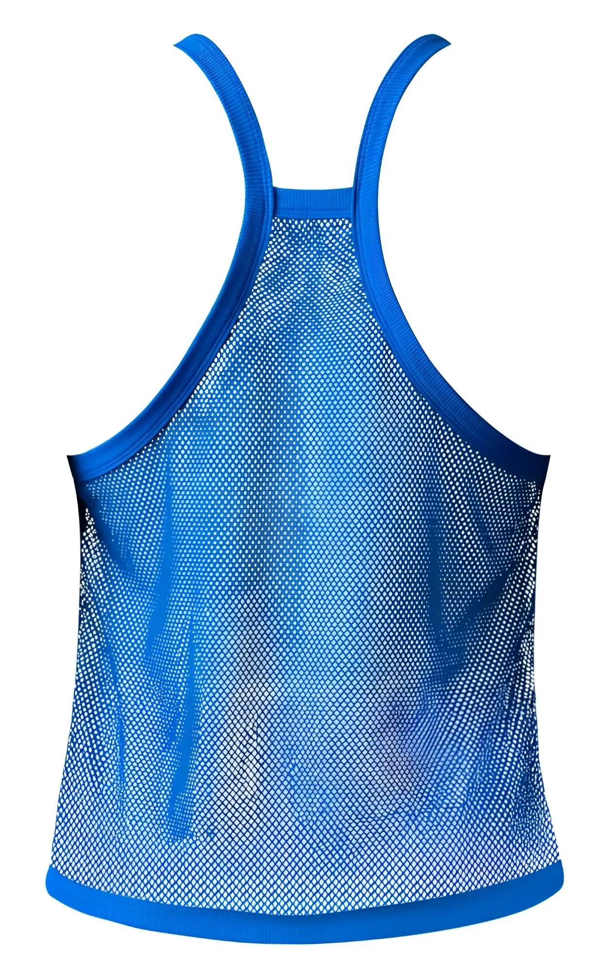 Male power 110-11c fishnet 2 tank top royal blue mesh with solid blue trim along straps neckline and hem
