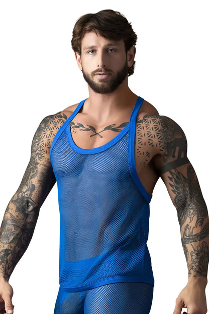 Male power 110-11c royal blue fishnet tank top with solid blue trim made of mesh for men