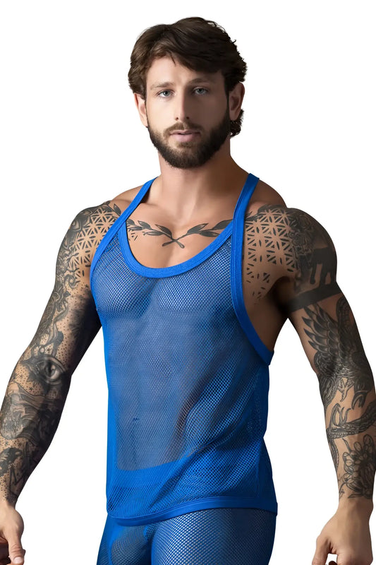 Male power 110-11c royal blue fishnet tank top with solid blue trim made of mesh for men