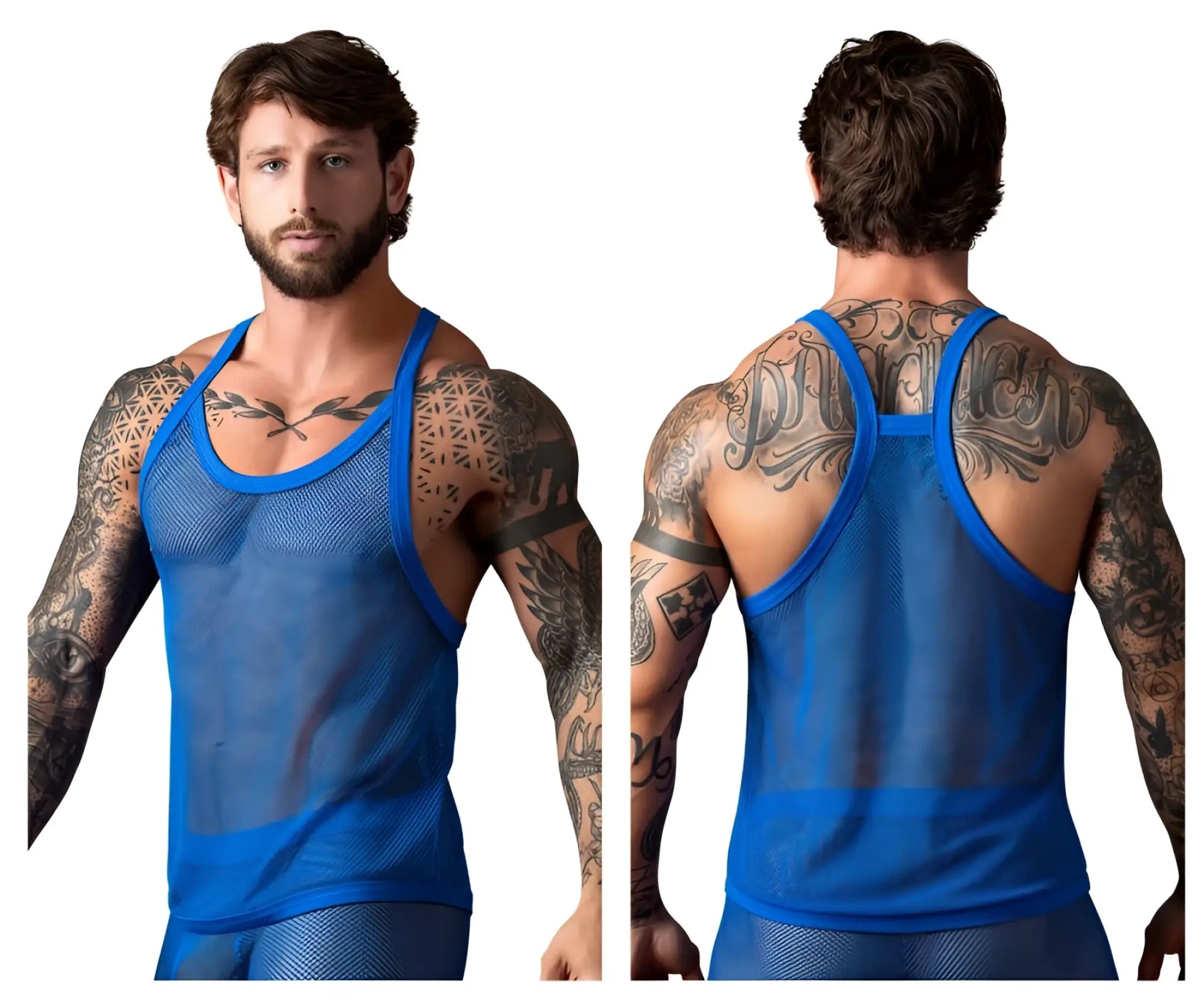 Male power 110-11c fishnet tank top in royal blue with blue mesh fabric and blue trim for men