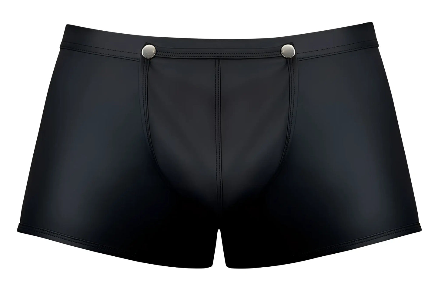 Male power 120-298 oh snap snap off short black glossy faux leather briefs with silver snap buttons at the waistband