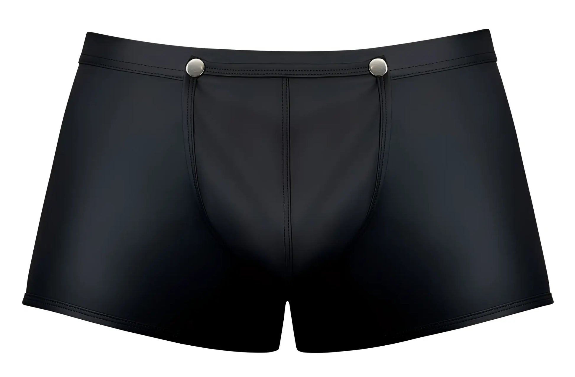 Male power 120-298 oh snap snap off short black glossy faux leather briefs with silver snap buttons at the waistband