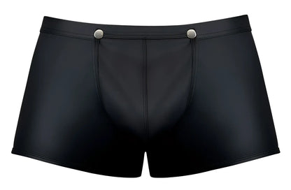 Male power 120-298 oh snap snap off short black glossy faux leather briefs with silver snap buttons at the waistband