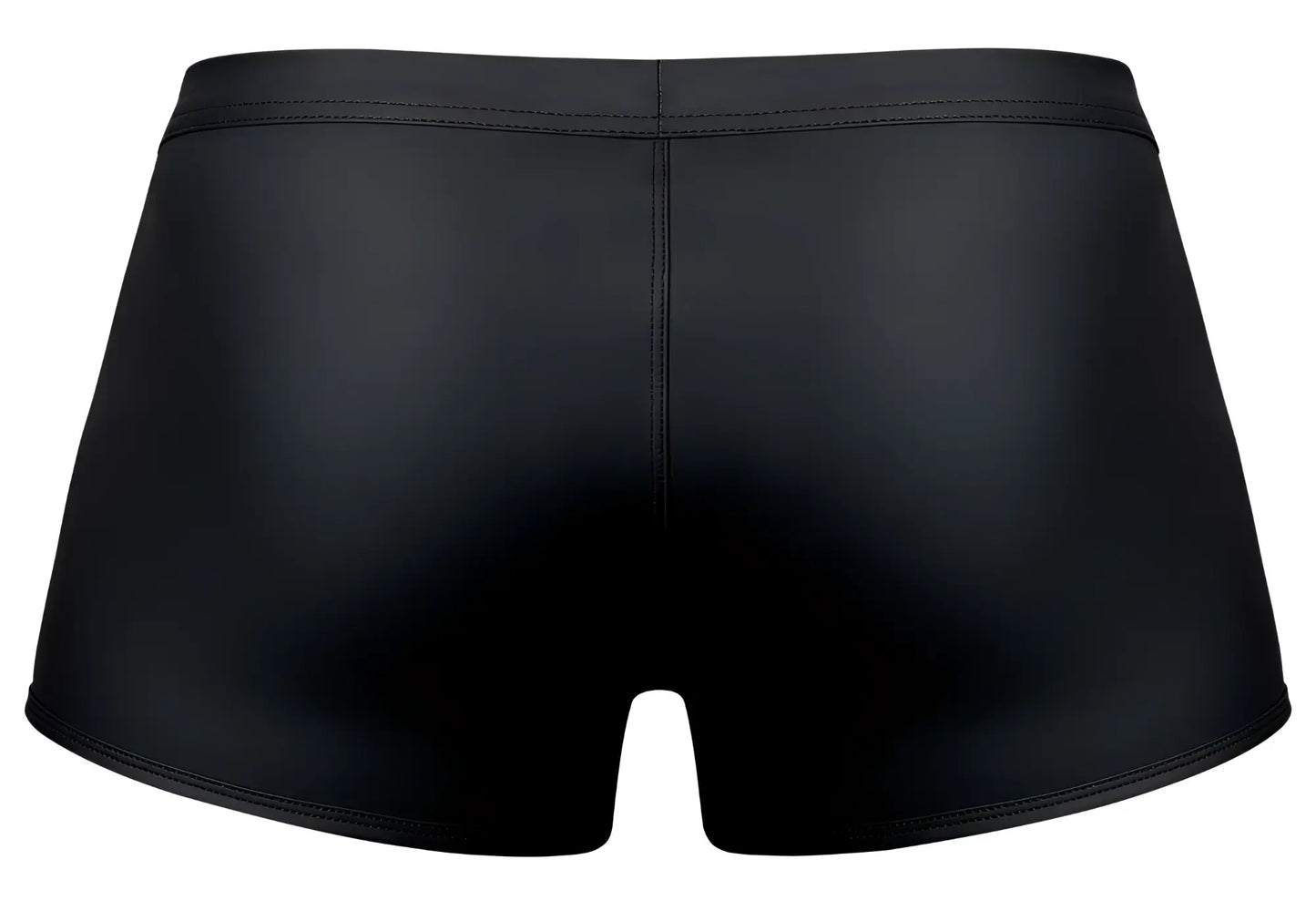 Black glossy-finish swim trunks by male power with a sleek form-fitting design in color black