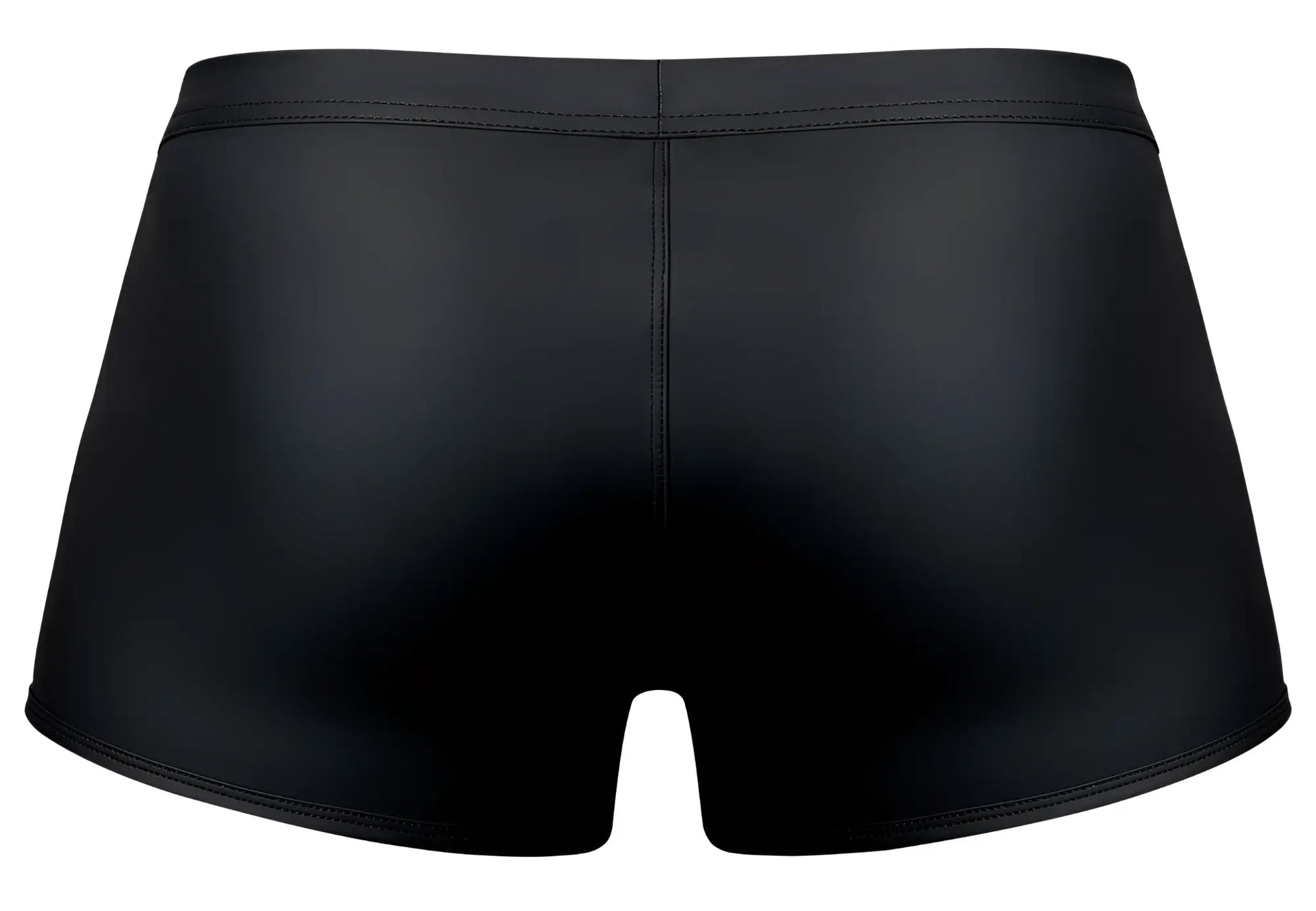 Black glossy-finish swim trunks by male power with a sleek form-fitting design in color black