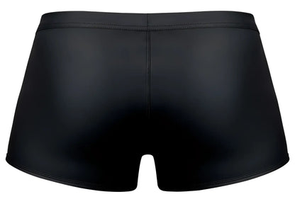 Black glossy-finish swim trunks by male power with a sleek form-fitting design in color black