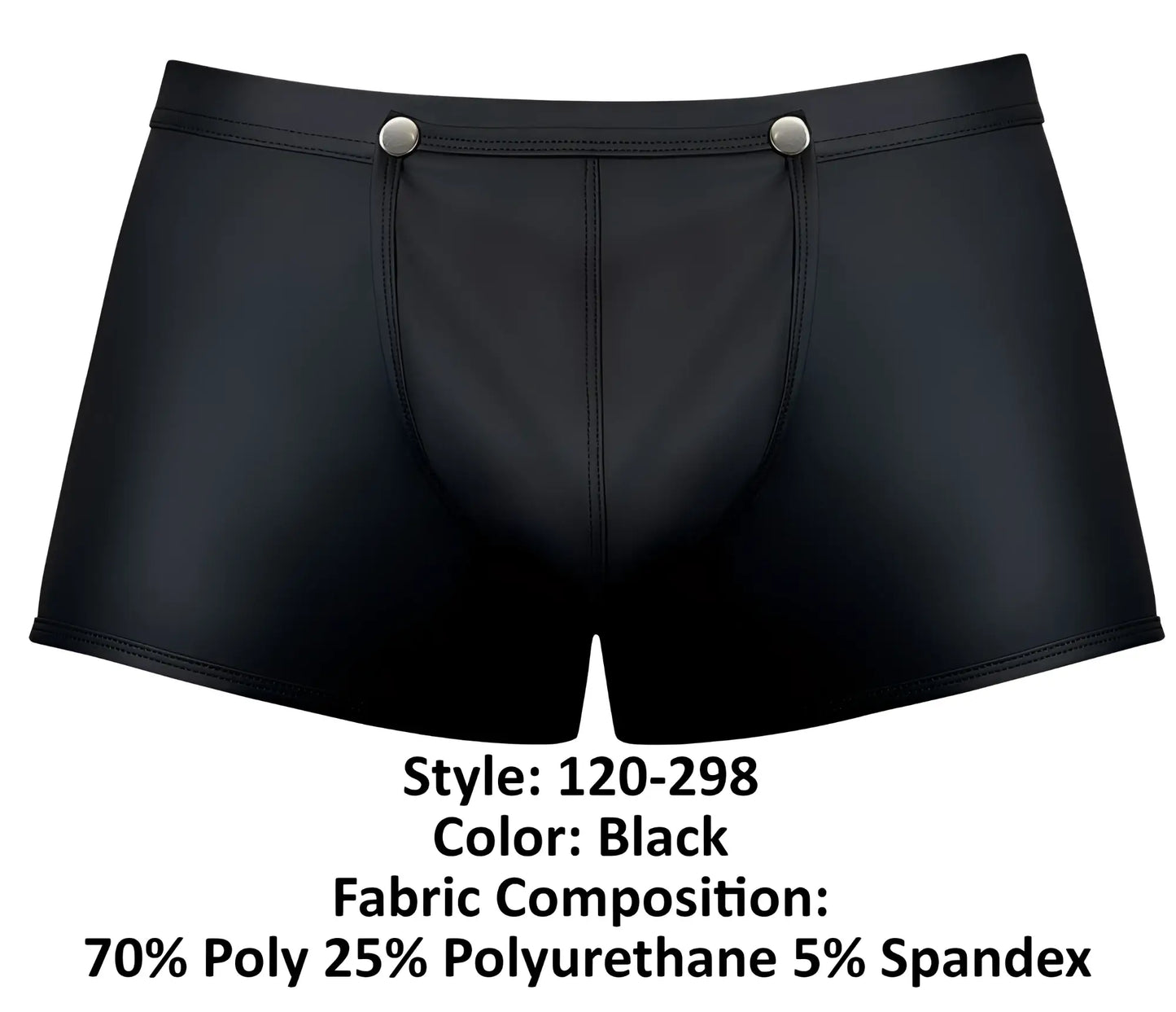 Black mens briefs male power 120-298 oh snap snap off short with shiny faux leather finish and silver snap buttons