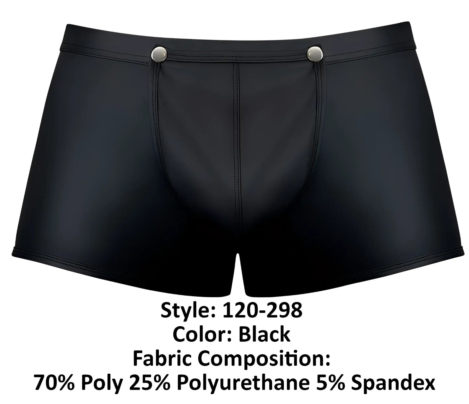 Black mens briefs male power 120-298 oh snap snap off short with shiny faux leather finish and silver snap buttons