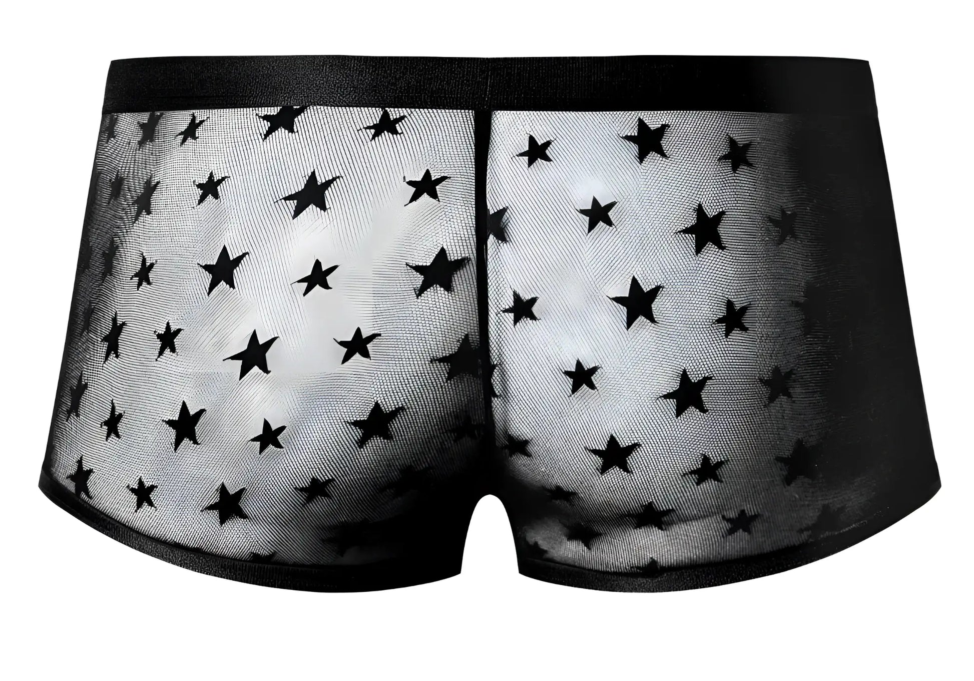 Male power 122-291 love star short black sheer men’s underwear with star pattern and solid black waistband