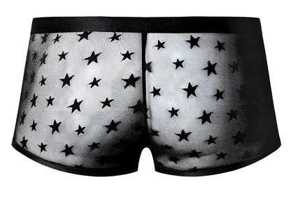Male power 122-291 love star short black sheer men’s underwear with star pattern and solid black waistband