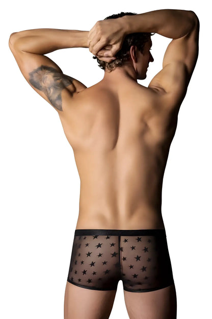 Male power 122-291 love star short black sheer boxer briefs with small star pattern and ring detail