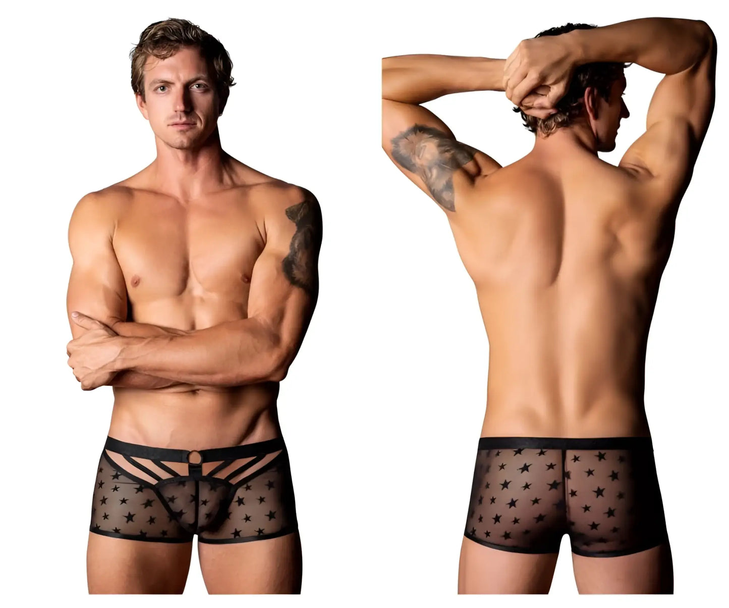 Black sheer star-patterned men’s briefs with black elastic waistband and front panel design male power 122-291