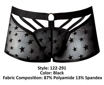 Male power 122-291 love star short black sheer star-patterned men’s underwear with elastic waistband and reinforced panels