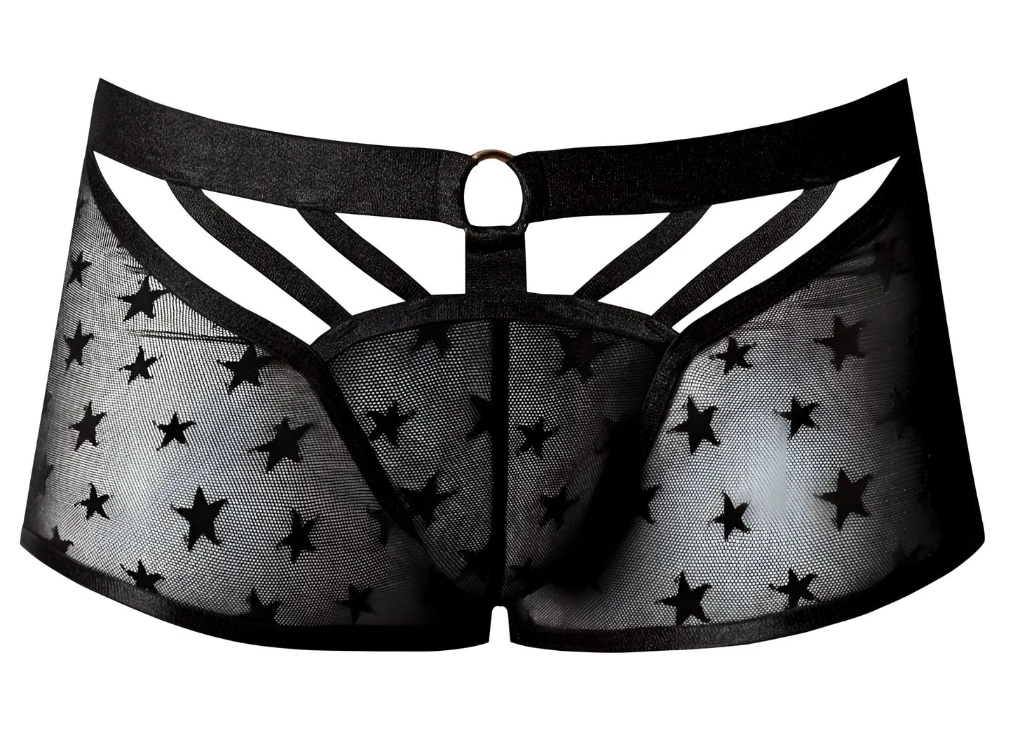 Male power 122-291 love star short black sheer star-patterned men’s underwear with solid waistband and crisscross cutouts
