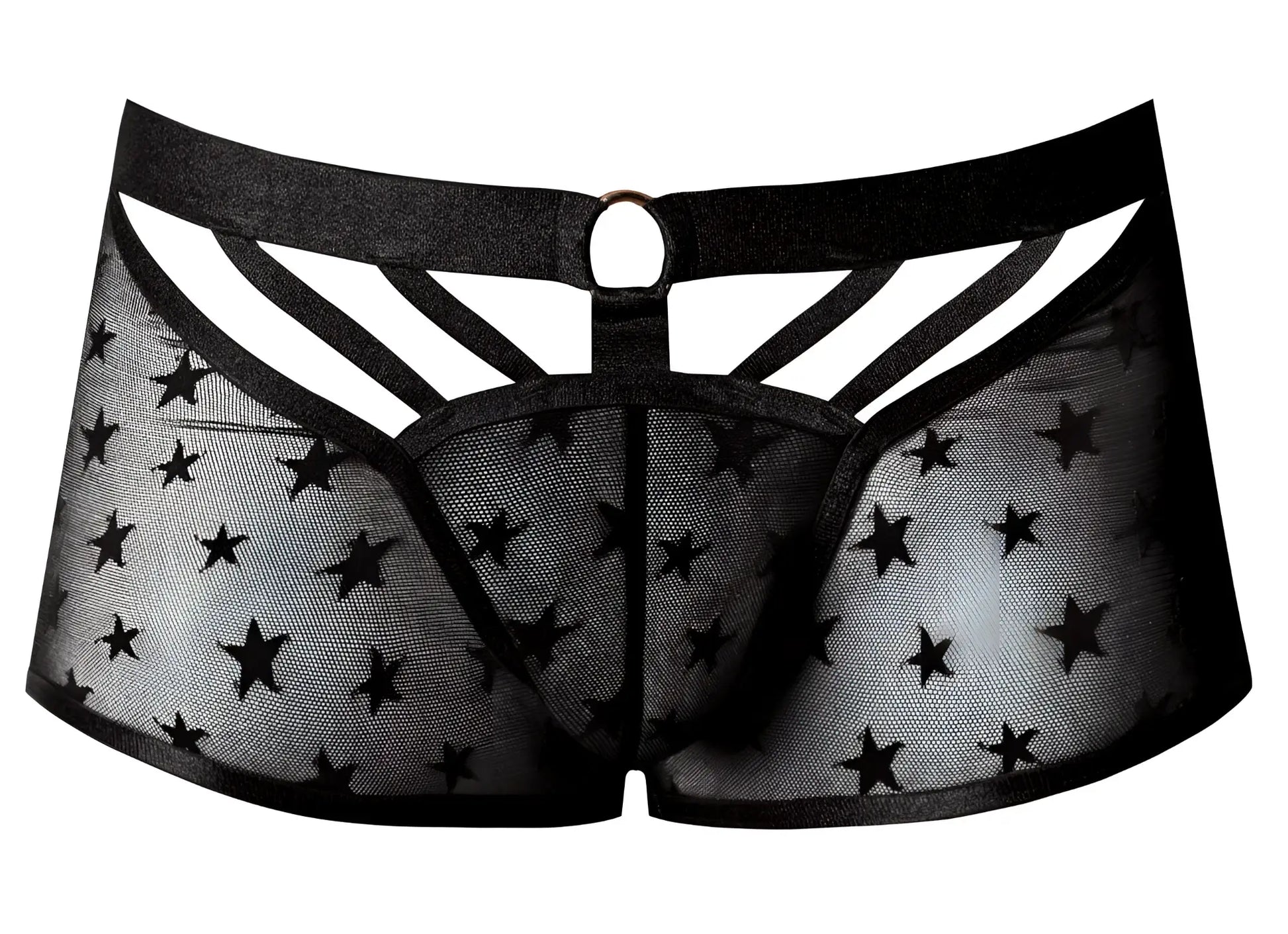 Male power 122-291 love star short black sheer star-patterned men’s underwear with solid waistband and crisscross cutouts