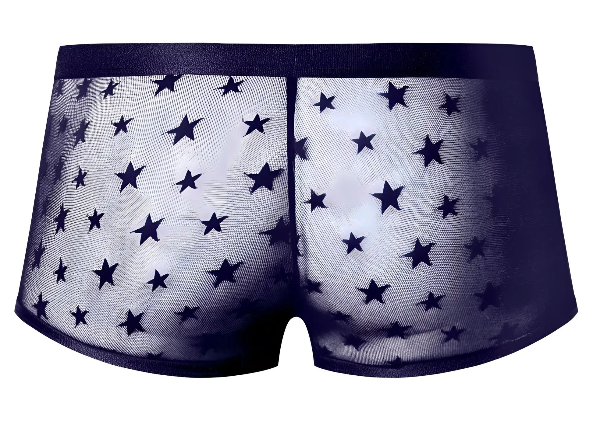 Male power 122-291 love star short purple sheer mesh briefs with black star pattern and solid dark waistband