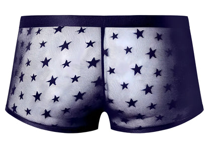 Male power 122-291 love star short purple sheer mesh briefs with black star pattern and solid dark waistband