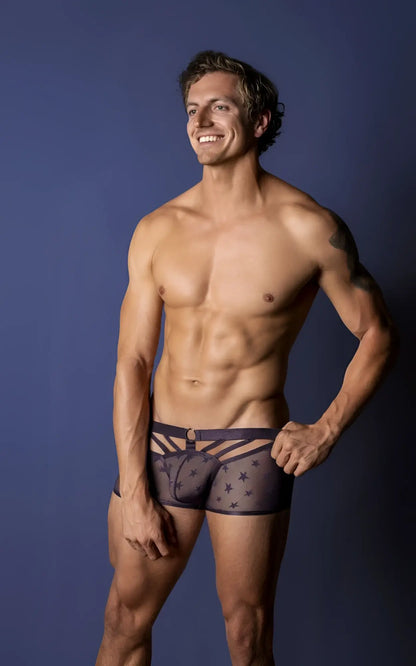 Male Power 122-291 Love Star Short purple ring dark blue star-patterned boxer briefs sheer mesh fabric elastic waistband