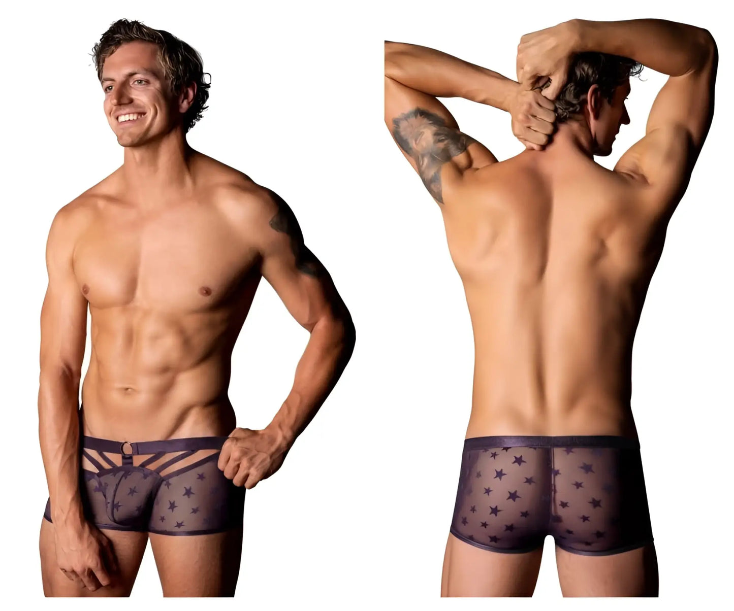 Male power 122-291 love star short dark purple sheer boxer briefs with star pattern and front cut-out strap panel