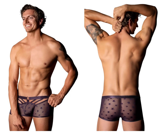 Male power 122-291 love star short dark purple sheer boxer briefs with star pattern and front cut-out strap panel