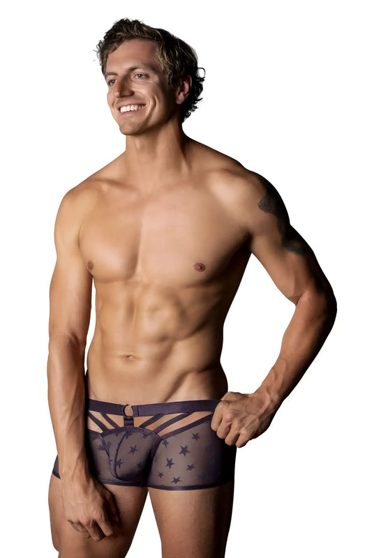 Male power 122-291 love star short purple sheer boxer briefs with star pattern and reinforced waistband