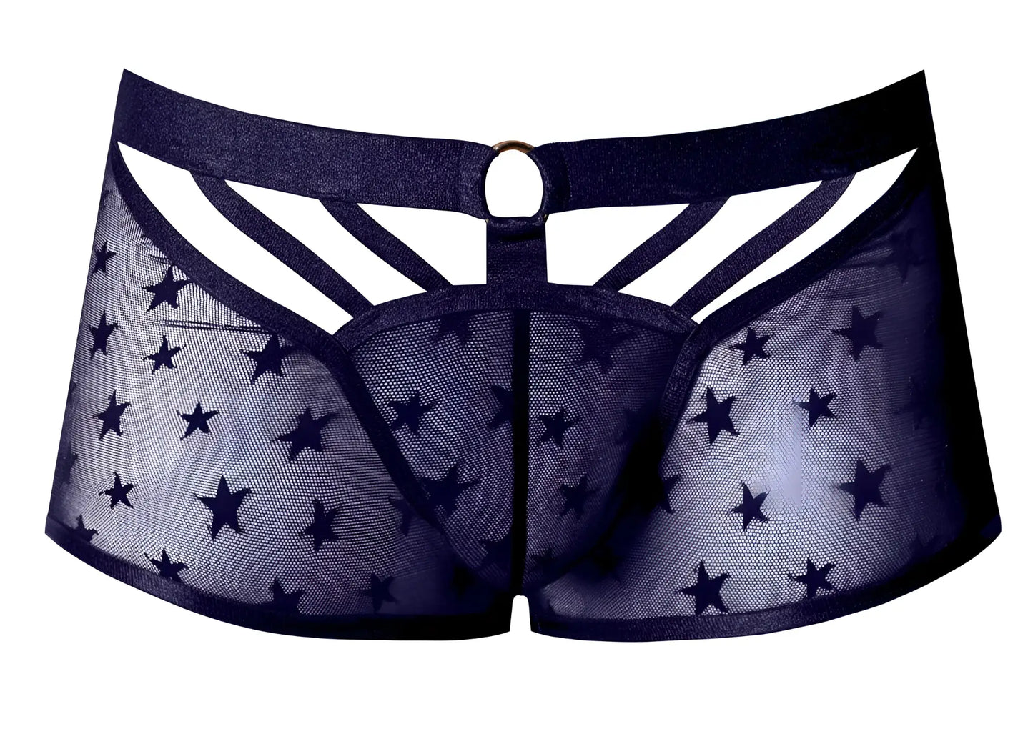Male Power 122-291 Love Star short navy blue sheer star-patterned men’s underwear with solid waistband and cutout design