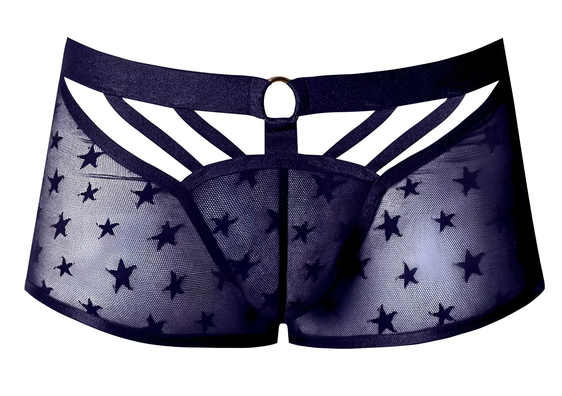 Male Power 122-291 Love Star short navy blue sheer star-patterned men’s underwear with solid waistband and cutout design