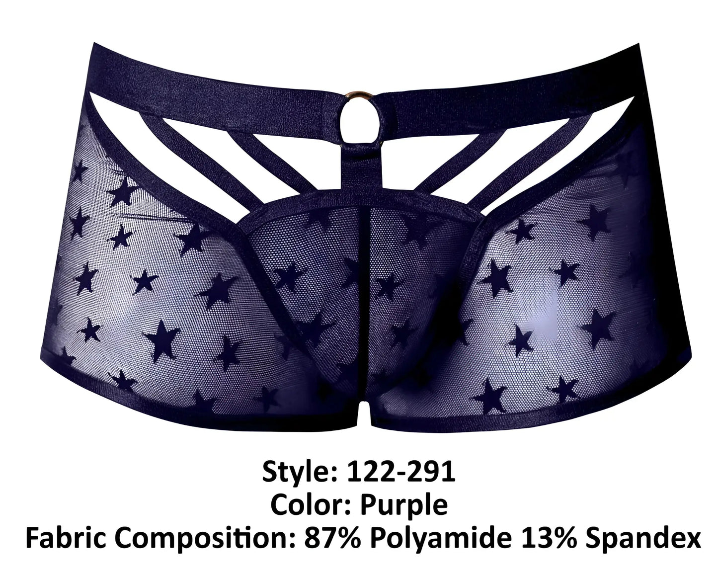 Male power 122-291 love star short purple sheer mesh underwear with star pattern black elastic waistband and crisscross design