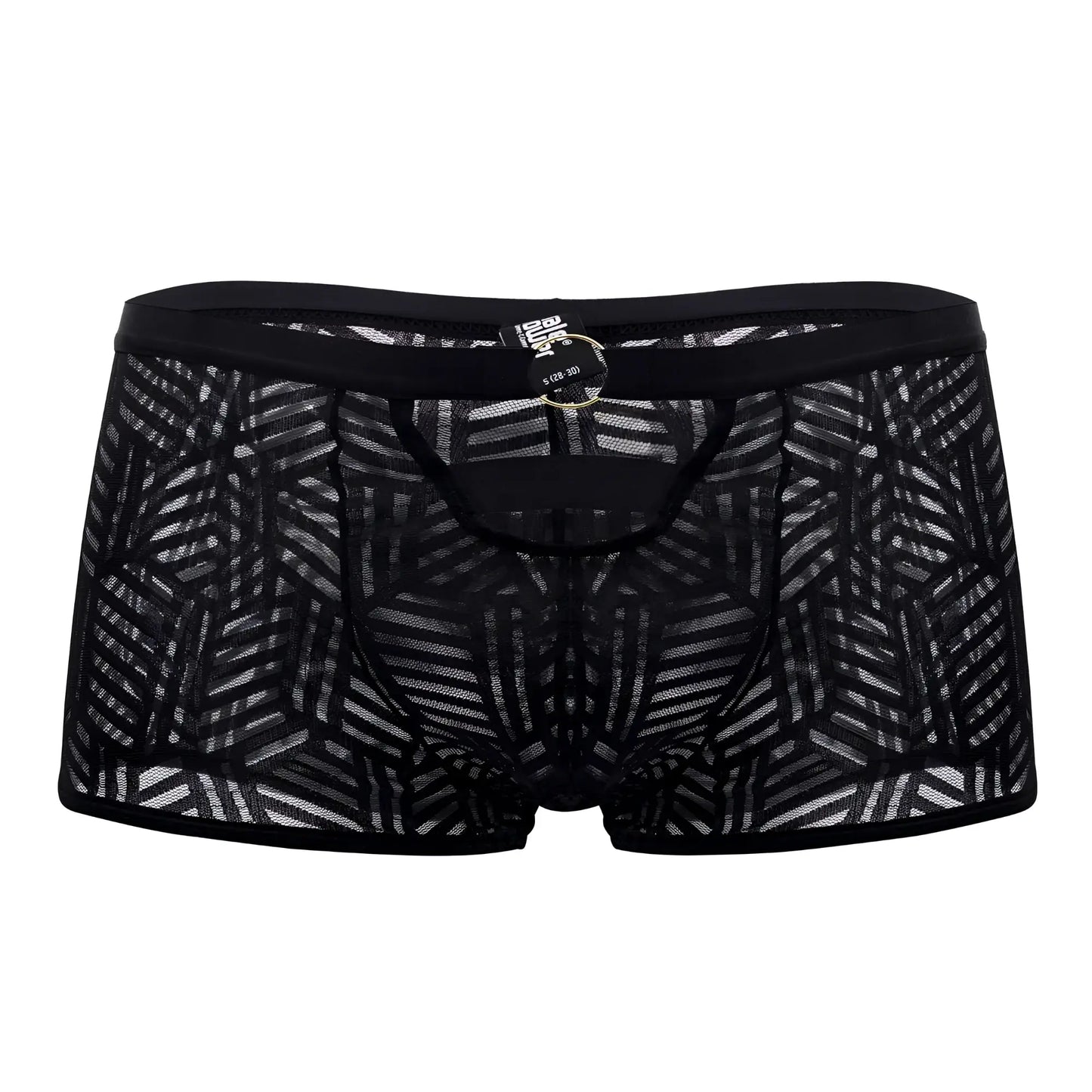 Male power 125-284 rude awakening black lace briefs with geometric pattern and black elastic waistband front view