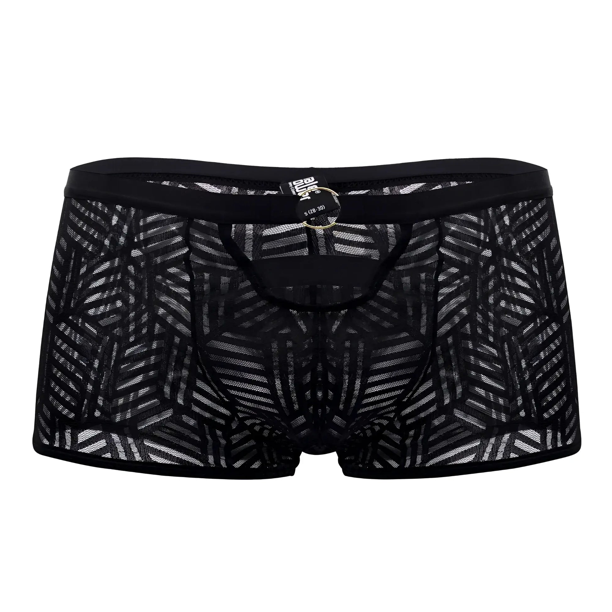 Male power 125-284 rude awakening black lace briefs with geometric pattern and black elastic waistband front view