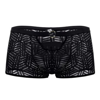 Male power 125-284 rude awakening black lace briefs with geometric pattern and black elastic waistband front view