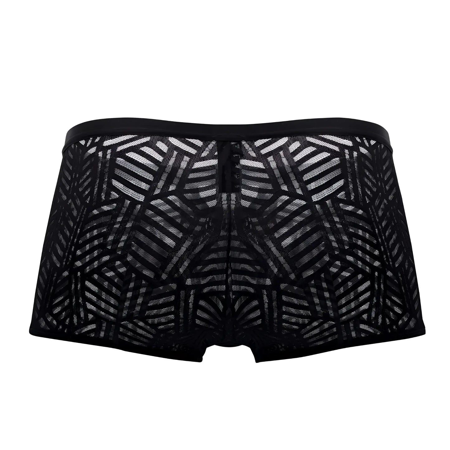 Male power 125-284 rude awakening black lace boxer briefs with geometric pattern and central zipper cutout