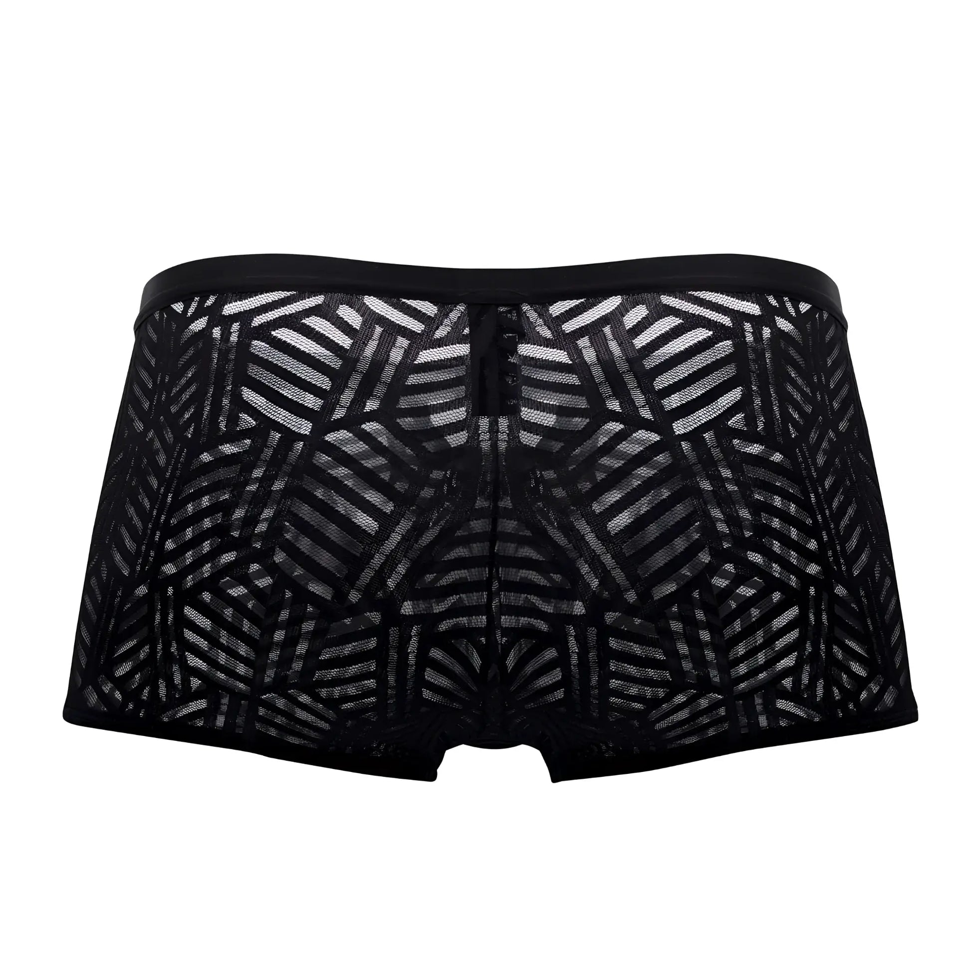 Male power 125-284 rude awakening black lace boxer briefs with geometric pattern and central zipper cutout