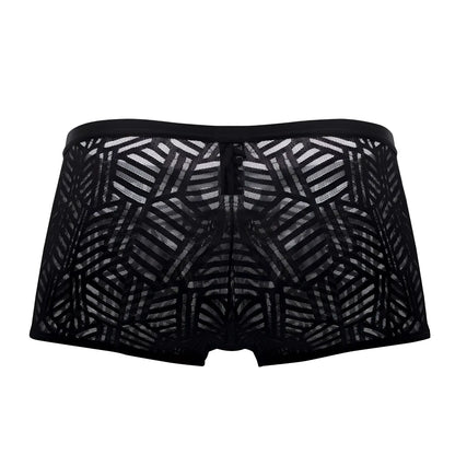 Male power 125-284 rude awakening black lace boxer briefs with geometric pattern and central zipper cutout