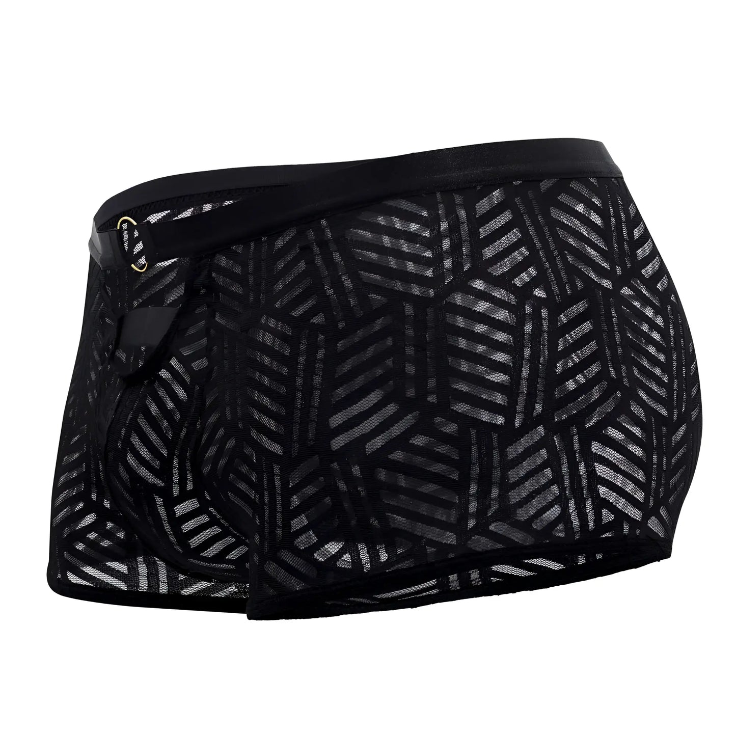 Male power 125-284 rude awakening cheeky cutout black mesh briefs with geometric pattern and elastic waistband
