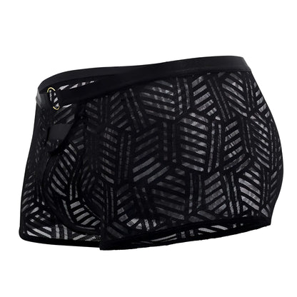 Male power 125-284 rude awakening cheeky cutout black mesh briefs with geometric pattern and elastic waistband