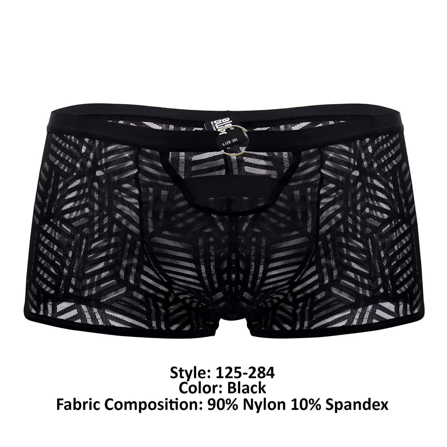 Male power 125-284 rude awakening cheeky cutout short in black with geometric mesh pattern and elastic waistband