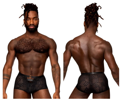Male power 125-284 rude awakening cheeky cutout short in black with geometric pattern and black belt loop at the waist
