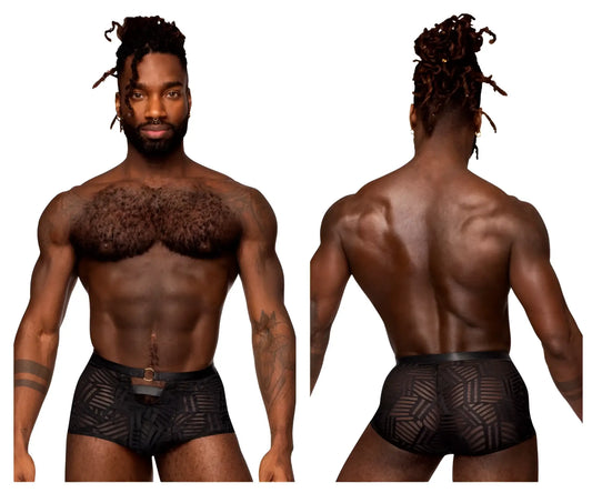 Male power 125-284 rude awakening cheeky cutout short in black with geometric pattern and black belt loop at the waist
