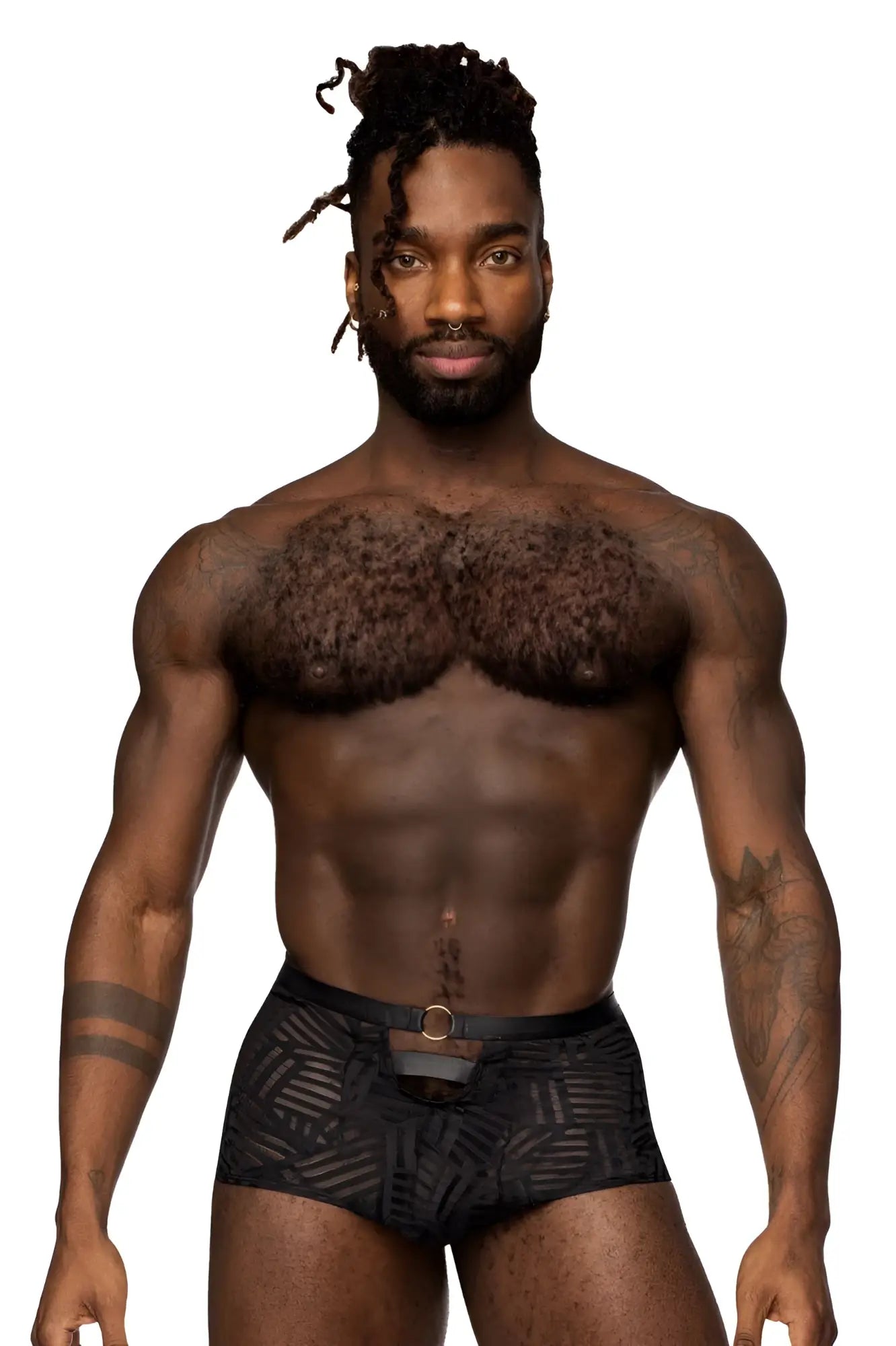 Black patterned male power 125-284 rude awakening cheeky cutout briefs with geometric design and central metallic buckle