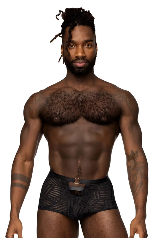 Black patterned male power 125-284 rude awakening cheeky cutout briefs with geometric design and central metallic buckle