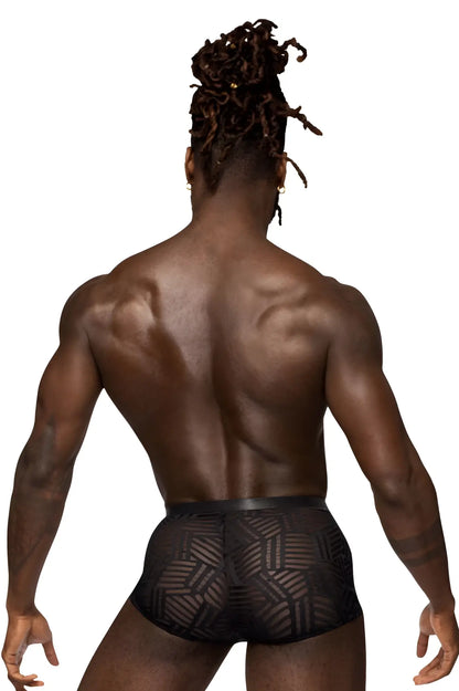 Male power 125-284 rude awakening cheeky cutout short black sheer mesh briefs with geometric pattern front view