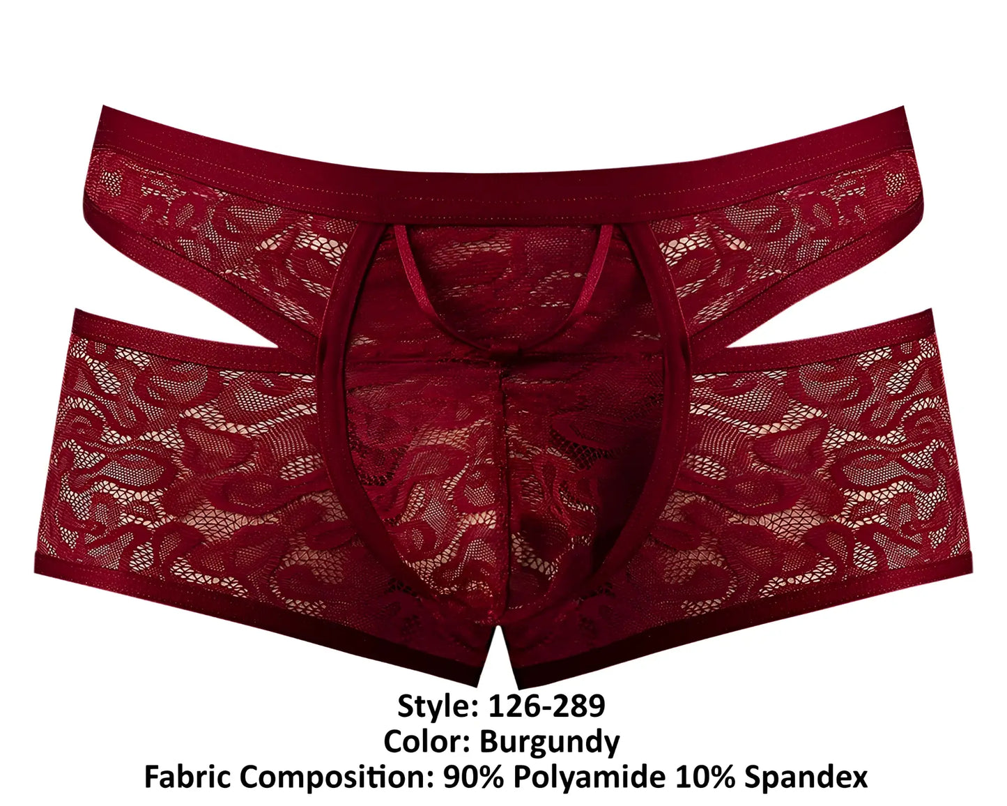 Male power 126-289 lucifer cut out short burgundy lace men’s underwear with elastic waistband and cut out design